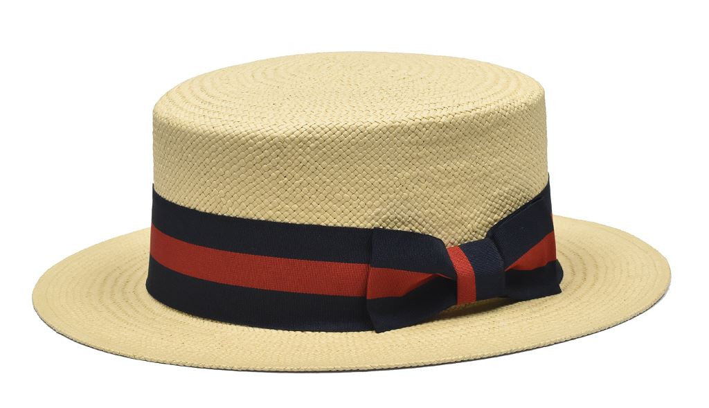 Boater Collection (Skimmer) Hat Bruno Capelo Natural - Red/Blue Band Small