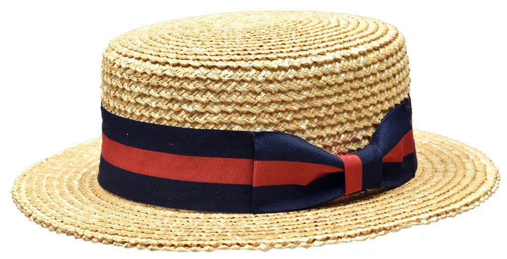 Boater Italia Collection Hat Bruno Capelo Natural-Red/Blue Band Small 